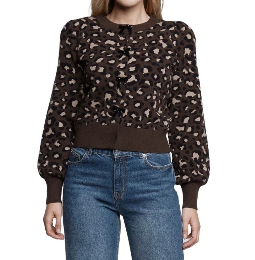 Cardigan Bow Brown Puff Shoulder Bow Snaps Women's S By Express MSRP 78.00